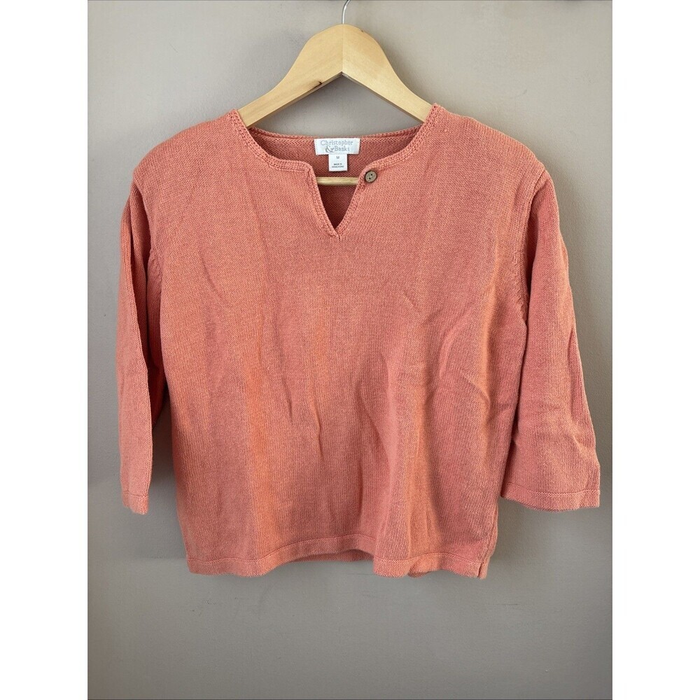 Christopher & Banks Knit Sweater Womens M Coral 3/4 Sleeve Split Neck